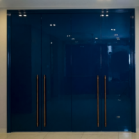 Встроенный шкаф с синими глянцевыми фасадами закрыт